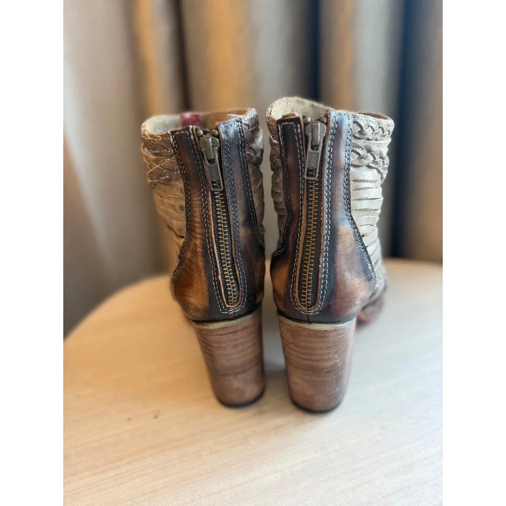 Freebird by Steven Bela Taupe Leather Braided Cage Booties Open Toe Size 8